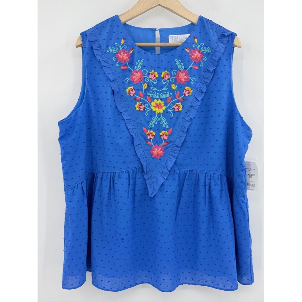 Time and Tru Blue Swiss Dot Embroidered Peplum Top XXL 20 Johnny Was Vibe Boho